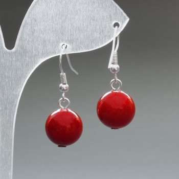 Boucles d'oreilles en corail (pressé) bille lisse, diamètre 12 mm ±, longueur 33 mm ±