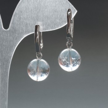 Boucles d'oreilles en cristal de roche naturel, boule lisse, diamètre 12,5 mm +-, longueur 33 mm+, fermoir anglais