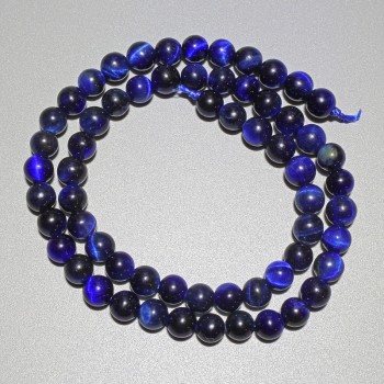 Perles bleues œil-de-chat en pierre naturelle, boules lisses, diamètre 6,5 mm, longueur 38 cm, enfilées sur fil
