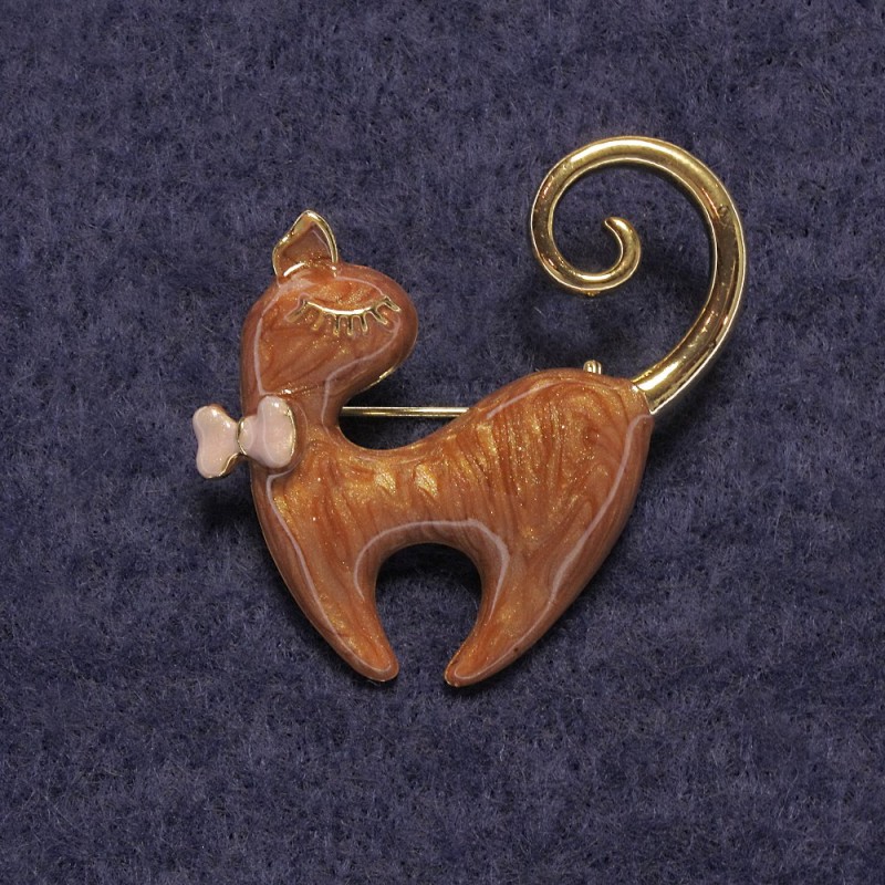 Broche Chat brun nacré, métal doré 37×38 mm